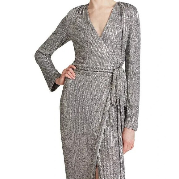 Women's Dresses Evening Designer Halston Heritage V Neck Long Wrap Sequin Dress - Picture 9 of 10